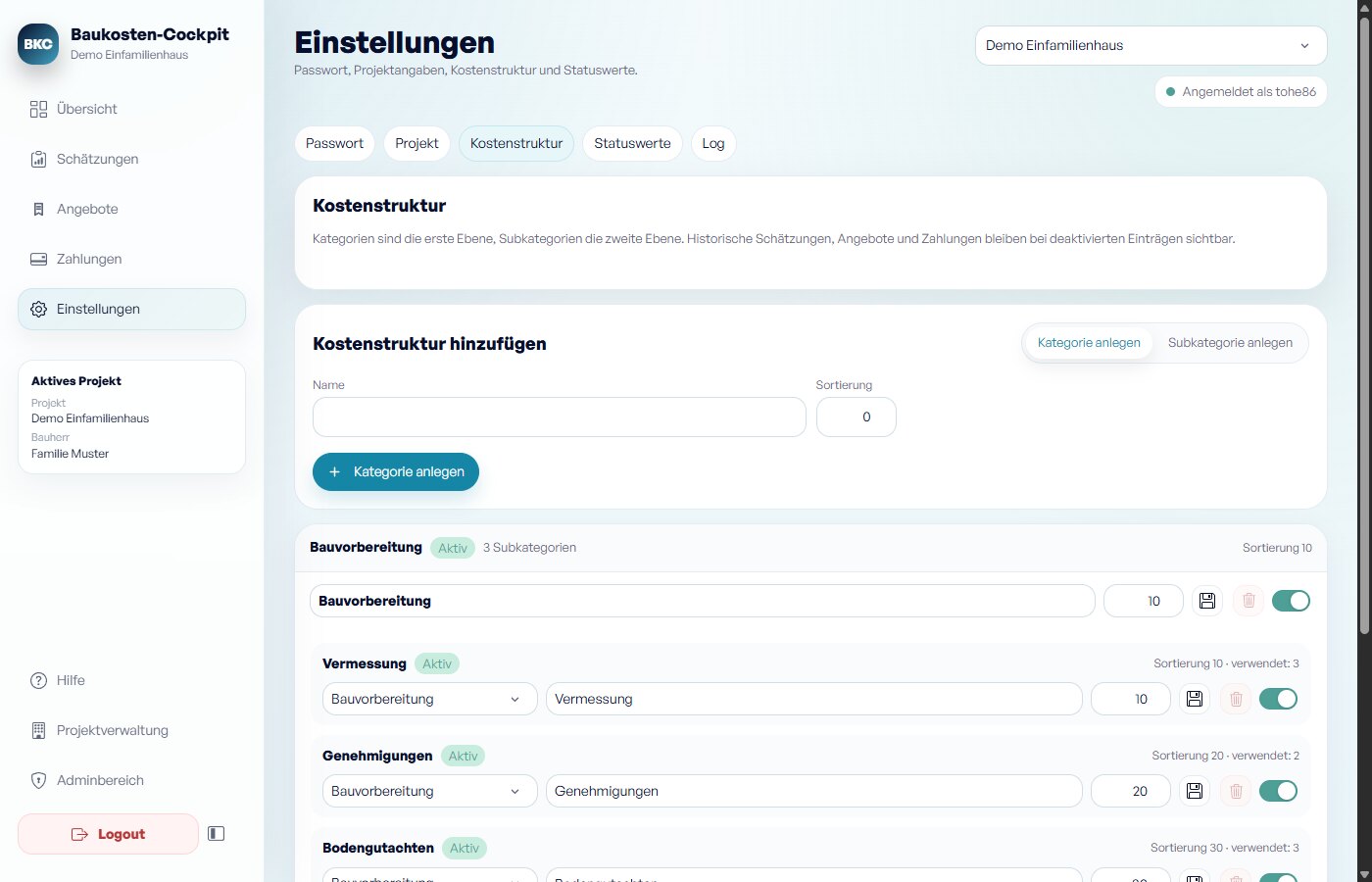 Baukosten-Cockpit Einstellungen für Kostenstruktur mit Kategorien und Subkategorien