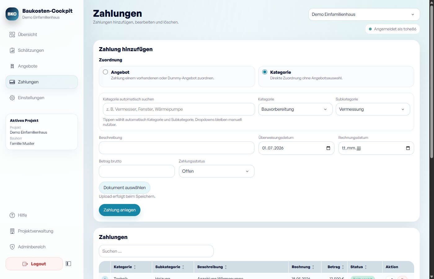 Baukosten-Cockpit Zahlungen erfassen und Kategorien zuordnen